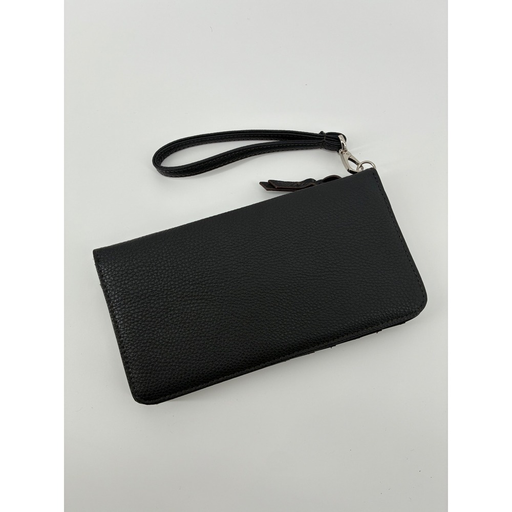 Dana Buchman Black Pebbled Wristlet Wallet Zebra Print Interior Silver Hardware